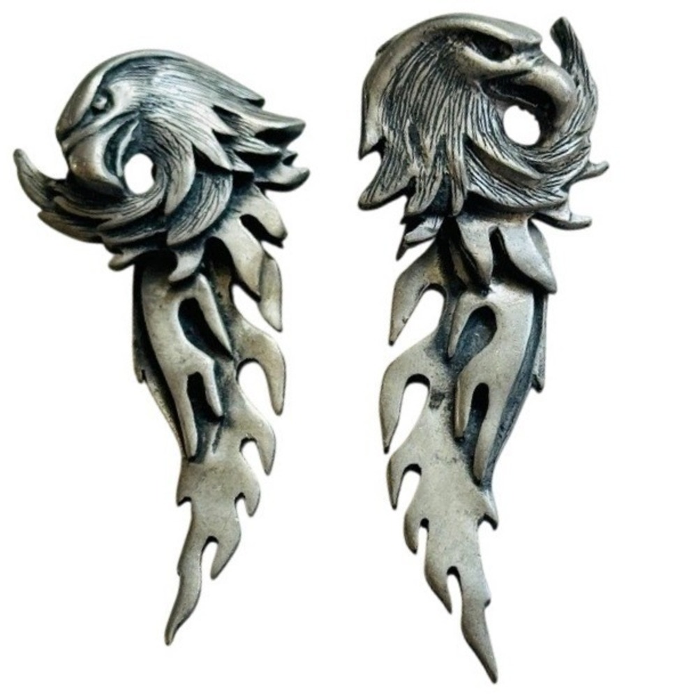 Biker Flaming Eagle dangle Earrings Silver pewter dangle pierced chunky rare 90s